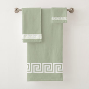 Elegant Greek Pattern on Sage Green Bath Towel Set