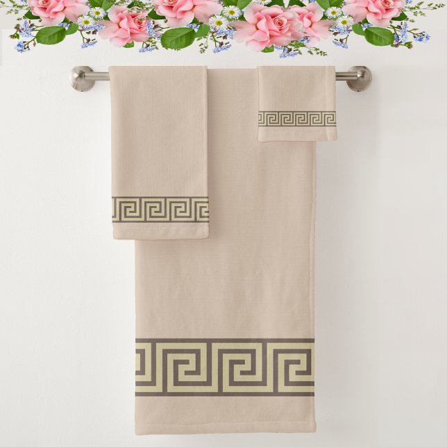 Elegant Greek Pattern on Sand Beige and Brown Bath Towel Set (Creator Uploaded)