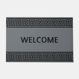 Elegant Greek Pattern on Steel Grey Welcome Doormat