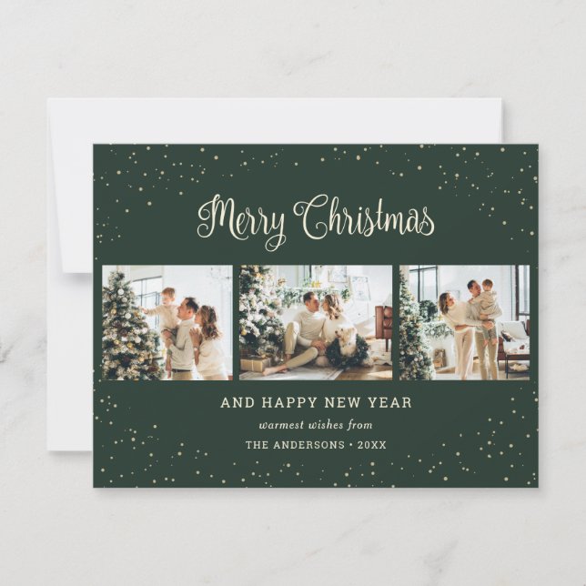 Elegant Green 3 Photo Merry Christmas Cards (Front)
