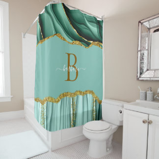 Elegant Green Agate Monogram Gold Script Name Shower Curtain
