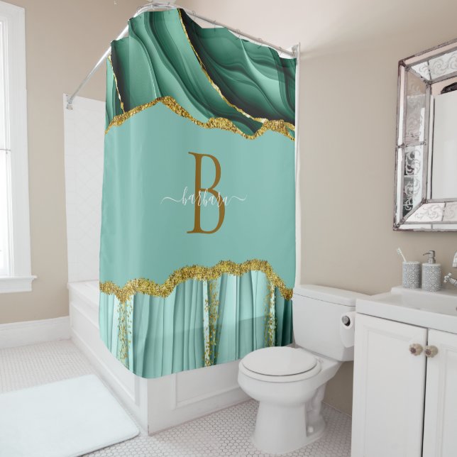 Elegant Green Agate Monogram Gold Script Name Shower Curtain (In Situ)
