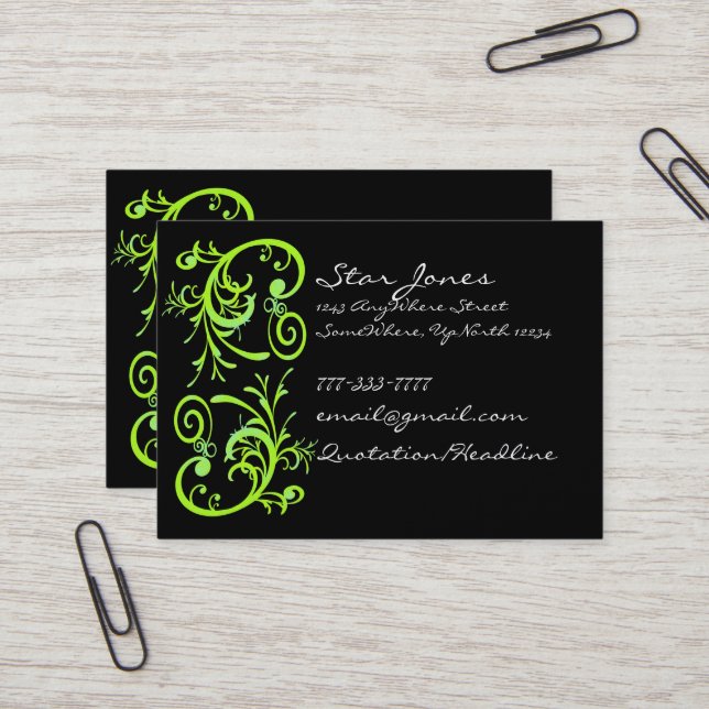 Elegant Green and Black Swirl Business Card (Front/Back In Situ)