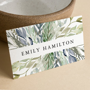 Elegant Green and Blue Watercolor Foliage Business Card