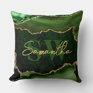 Elegant Green and Faux Gold Glitter Marble Agate Cushion
