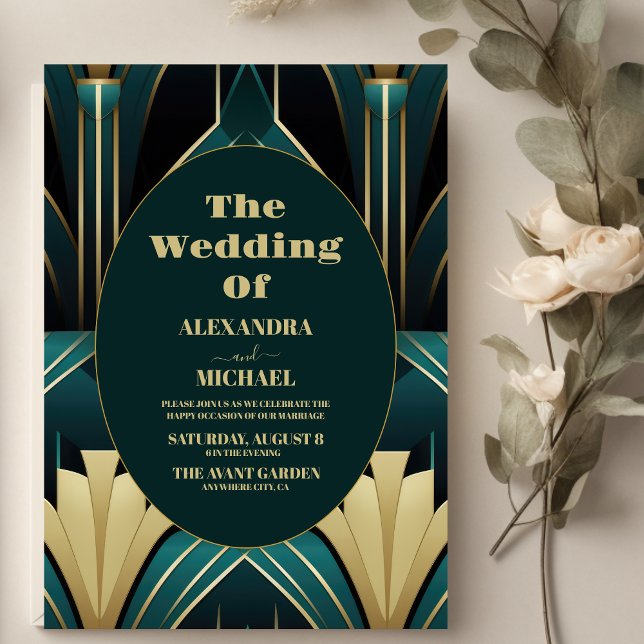 Elegant Green and Gold Art Deco Wedding  Invitation (Creator Uploaded)