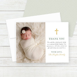 Elegant Green and Gold Baby Girl Baptism Photo Thank You Card