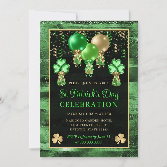 Elegant Green and Gold Balloons St Patrick's Day Invitation (Front)