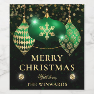 Elegant Green and Gold Baubles Merry Christmas Wine Label
