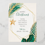 Elegant Green and Gold Beach Tropical Christmas<br><div class="desc">Nautical Boutique Co.'s elegant green and gold foil Christmas card features watercolor green and gold tropical greenery and is accented with a pretty watercolor seashell. The text is whimsical hand-lettering paired with modern block typography. The green, gold, and creamy ivory are reminiscent of tropical holidays at the beach. Easily customise...</div>