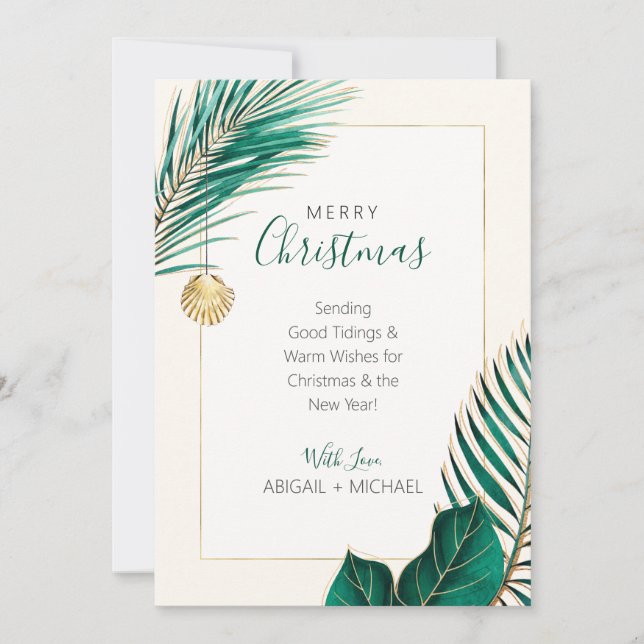 Elegant Green and Gold Beach Tropical Christmas Holiday Card (Front)