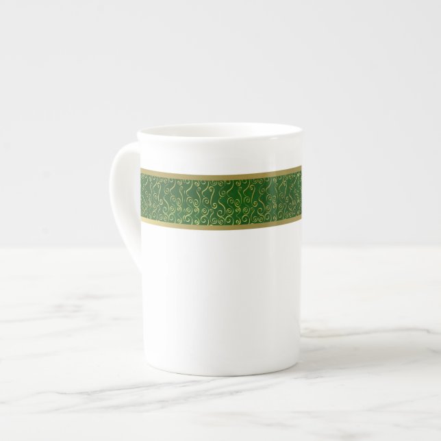 Elegant Green and Gold Bone China Mug (Front Left)