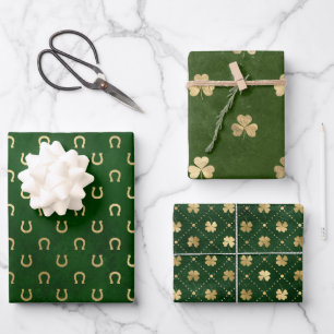 Elegant Green and Gold Clover St Patrick's Day Wrapping Paper Sheet