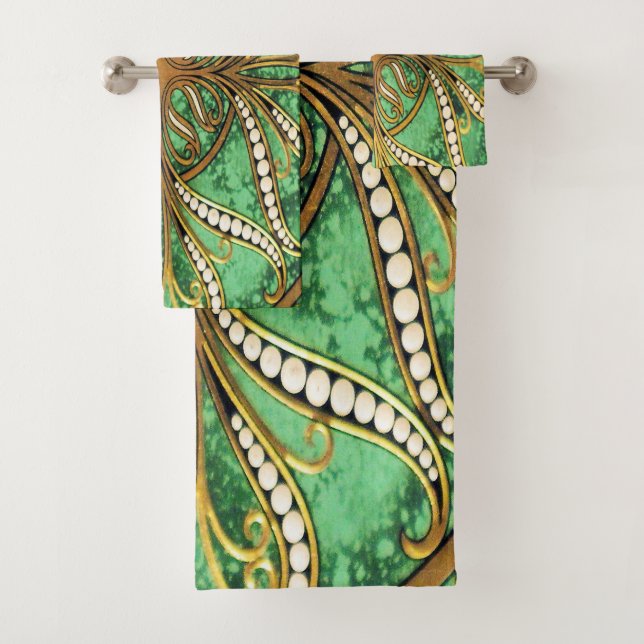 Elegant Green and Gold Damask Pattern Bath Towel Set (Insitu)