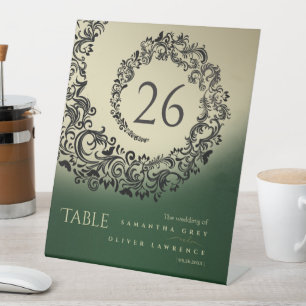 Elegant Green and Gold Damask Wedding Table Number Pedestal Sign
