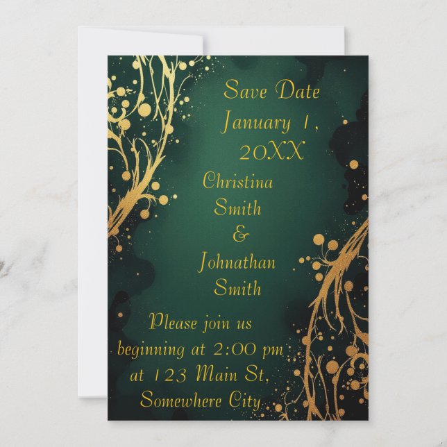 Elegant Green and Gold Design Wedding Invitation (Front)