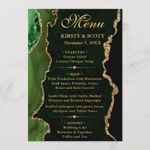 Elegant Green and Gold Faux Glitter Agate Wedding Menu
