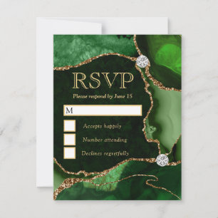Elegant Green and Gold Faux Glitter Marble Agate RSVP Card