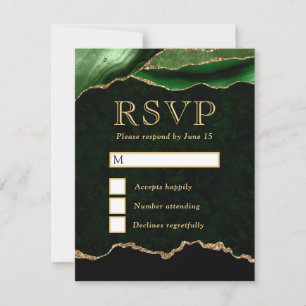 Elegant Green and Gold Faux Glitter Marble Agate RSVP Card