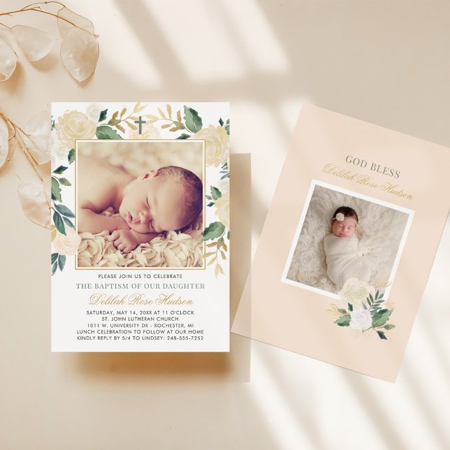 Elegant Green and Gold Floral Girl Baptism Photo Invitation (Creator Uploaded)