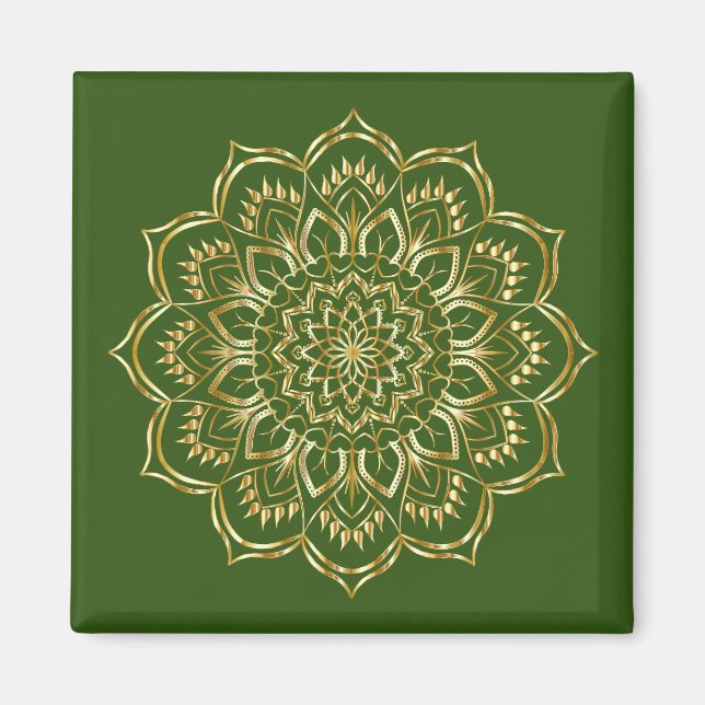 Elegant Green and Gold Floral Mandala Pattern Magnet (Front)