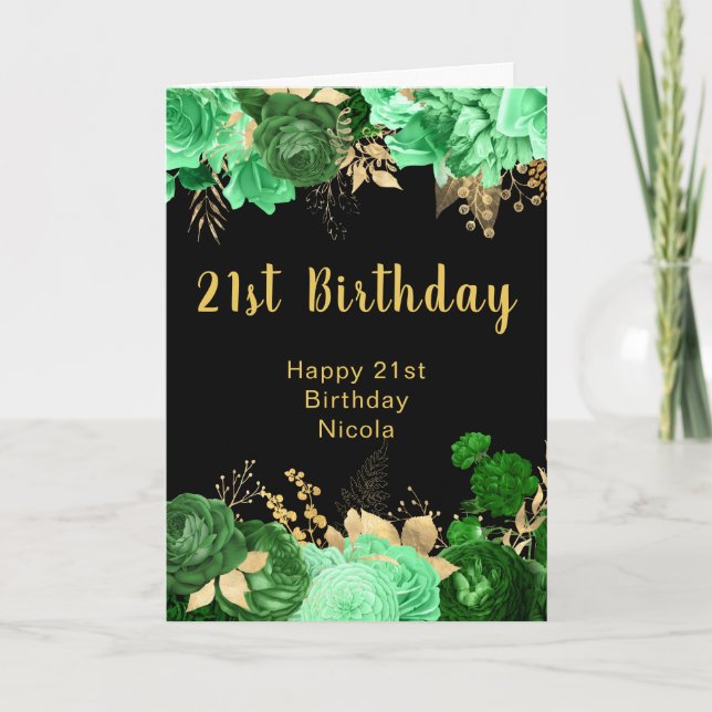 Elegant Green and Gold Flowers Birthday Party Card (Front)
