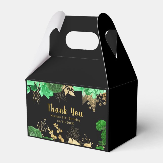 Elegant Green and Gold Flowers Birthday Party Favour Box (Front Side)