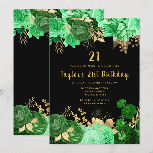 Elegant Green and Gold Flowers Birthday Party Invitation (Front/Back)