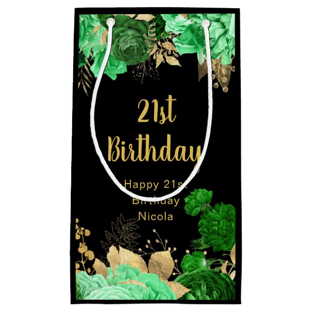 Elegant Green and Gold Flowers Birthday Party Small Gift Bag (Front)