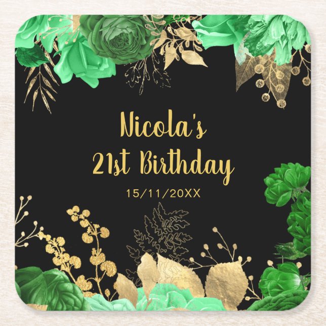 Elegant Green and Gold Flowers Birthday Party  Square Paper Coaster (Front)