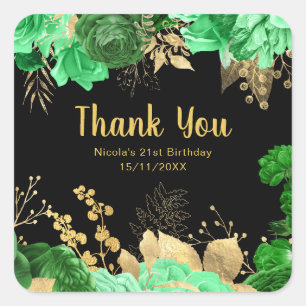 Elegant Green and Gold Flowers Birthday Party  Square Sticker