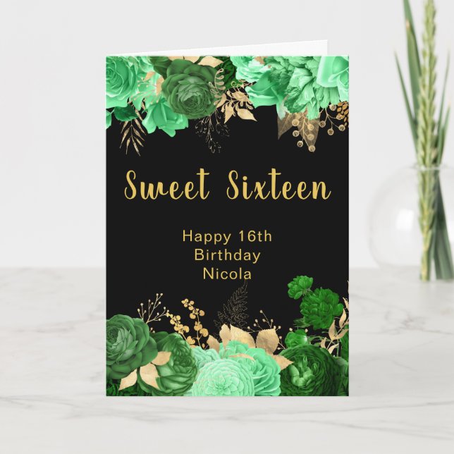 Elegant Green and Gold Flowers Sweet Sixteen Card (Front)