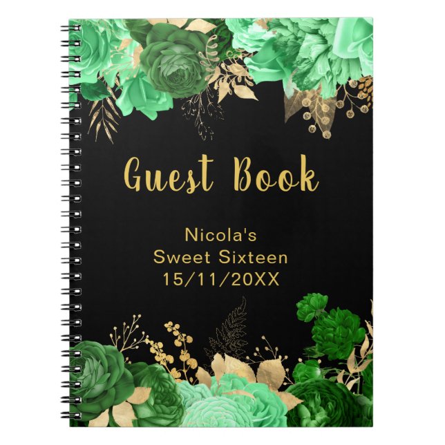 Elegant Green and Gold Flowers Sweet Sixteen Notebook (Front)