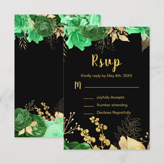 Elegant Green and Gold Flowers Sweet Sixteen RSVP Card (Front/Back)
