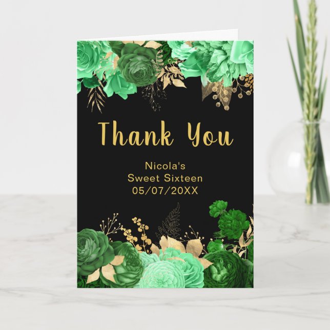 Elegant Green and Gold Flowers Sweet Sixteen Thank You Card (Front)