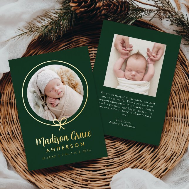 Elegant Green and Gold Foil Bow Birth Announcement (Creator Uploaded)