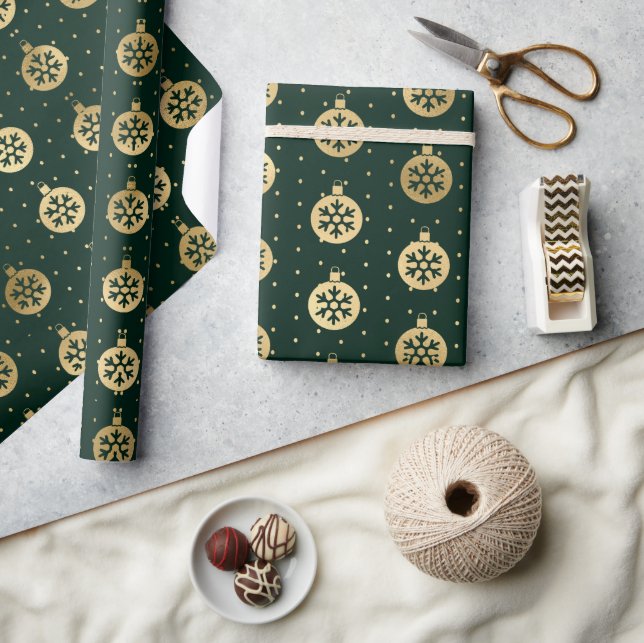Elegant Green and Gold Foil Christmas Baubles Wrapping Paper (Crafts)