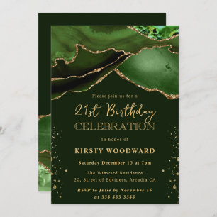 Elegant Green and Gold Glitter Agate 21st Birthday Invitation