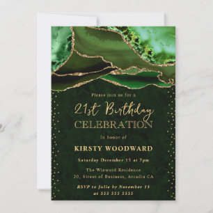 Elegant Green and Gold Glitter Agate 21st Birthday Invitation