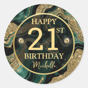 Elegant Green and Gold Glitter Agate Birthday Classic Round Sticker
