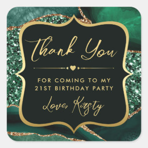 Elegant Green and Gold Glitter Agate Birthday Square Sticker