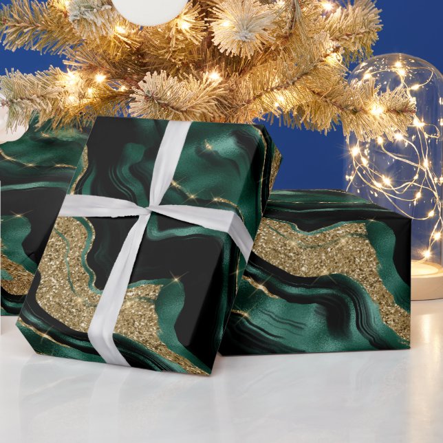 Elegant Green and Gold Glitter Agate Birthday Wrapping Paper (Holidays)