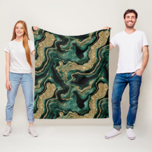 Elegant Green and Gold Glitter Agate Pattern Fleece Blanket
