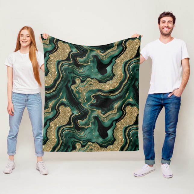 Elegant Green and Gold Glitter Agate Pattern Fleece Blanket (In Situ)