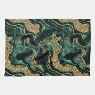 Elegant Green and Gold Glitter Agate Pattern Tea Towel