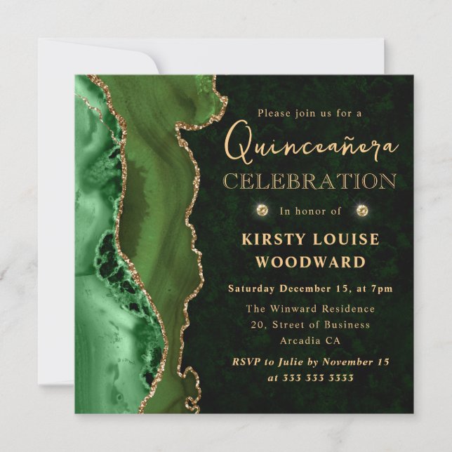 Elegant Green and Gold Glitter Agate Quinceanera Invitation (Front)