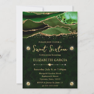 Elegant Green and Gold Glitter Agate Sweet 16 Invitation