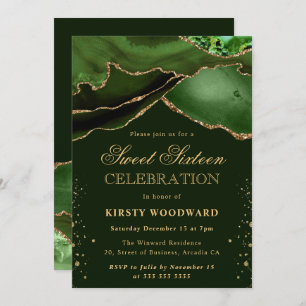 Elegant Green and Gold Glitter Agate Sweet 16 Invitation