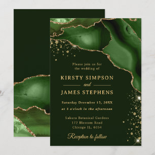 Elegant Green and Gold Glitter Agate Wedding Invitation