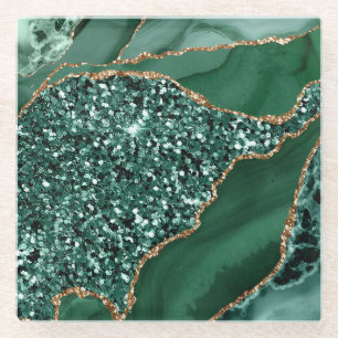 Elegant Green and Gold Glitter Ocean Agate Glass Coaster